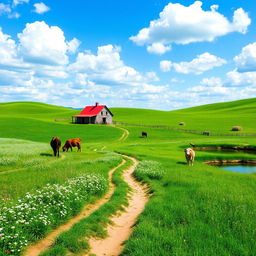 A serene rural landscape, featuring rolling green hills, a quaint farmhouse with a red roof, surrounded by blooming wildflowers