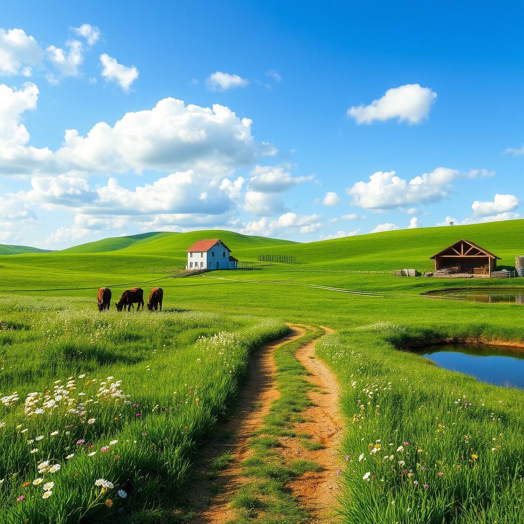 A serene rural landscape, featuring rolling green hills, a quaint farmhouse with a red roof, surrounded by blooming wildflowers