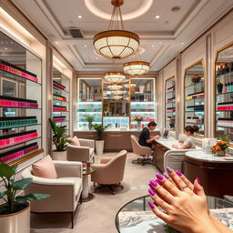 A beautifully designed nail salon scene featuring a luxurious interior by a fictional salon owner named Sabrina