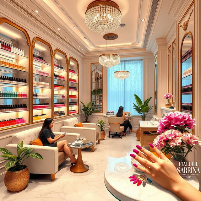 A beautifully designed nail salon scene featuring a luxurious interior by a fictional salon owner named Sabrina