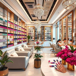 A beautifully designed nail salon scene featuring a luxurious interior by a fictional salon owner named Sabrina