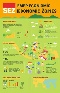 A comprehensive infographic examining the impact of Special Economic Zones (SEZ) in Indonesia, focusing on the sectors of agriculture, manufacturing, and tourism