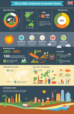 A comprehensive infographic examining the impact of Special Economic Zones (SEZ) in Indonesia, focusing on the sectors of agriculture, manufacturing, and tourism