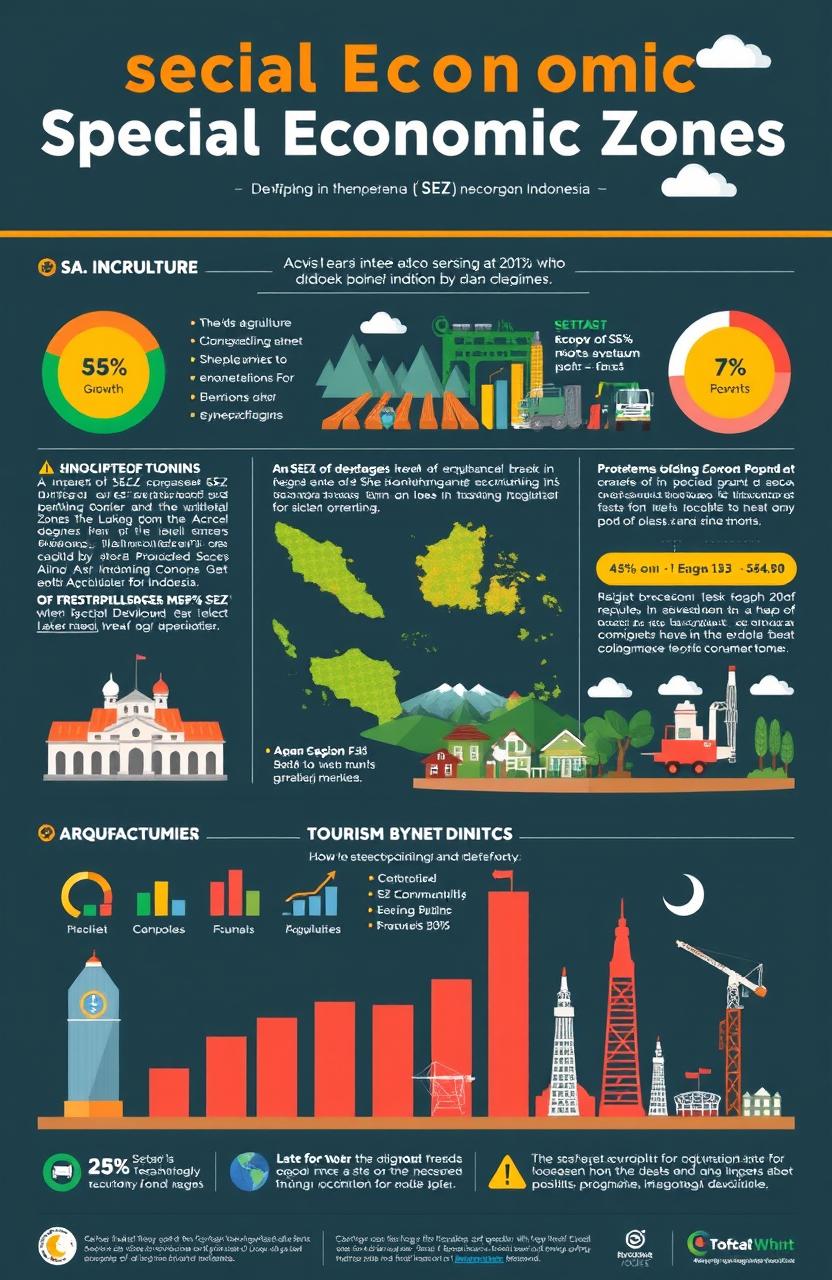 A comprehensive infographic examining the impact of Special Economic Zones (SEZ) in Indonesia, focusing on the sectors of agriculture, manufacturing, and tourism