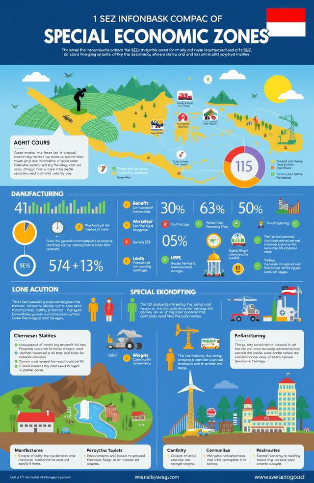 A comprehensive infographic examining the impact of Special Economic Zones (SEZ) in Indonesia, focusing on the sectors of agriculture, manufacturing, and tourism