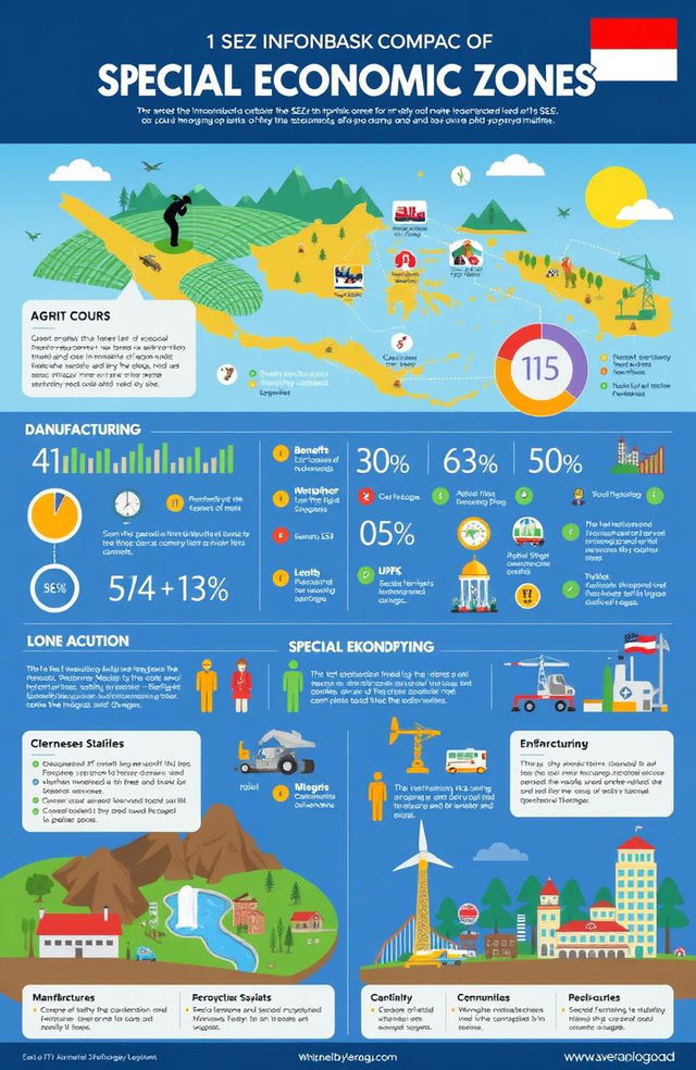 A comprehensive infographic examining the impact of Special Economic Zones (SEZ) in Indonesia, focusing on the sectors of agriculture, manufacturing, and tourism