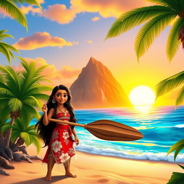 A vibrant and colorful scene set in a tropical paradise, featuring Moana, a Polynesian girl with long black hair wearing a traditional red and white outfit adorned with tropical patterns