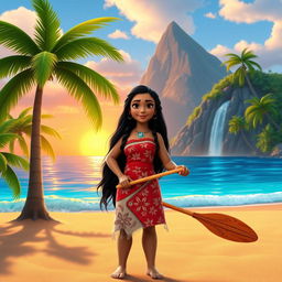 A vibrant and colorful scene set in a tropical paradise, featuring Moana, a Polynesian girl with long black hair wearing a traditional red and white outfit adorned with tropical patterns