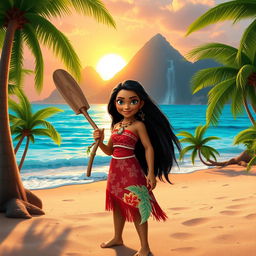A vibrant and colorful scene set in a tropical paradise, featuring Moana, a Polynesian girl with long black hair wearing a traditional red and white outfit adorned with tropical patterns