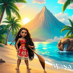 A vibrant and colorful scene set in a tropical paradise, featuring Moana, a Polynesian girl with long black hair wearing a traditional red and white outfit adorned with tropical patterns