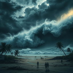 A terrifying scene depicting a massive tsunami towering above the shoreline, with dark ominous clouds swirling overhead and lightning illuminating the scene