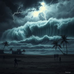 A terrifying scene depicting a massive tsunami towering above the shoreline, with dark ominous clouds swirling overhead and lightning illuminating the scene