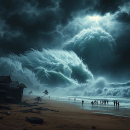 A terrifying scene depicting a massive tsunami towering above the shoreline, with dark ominous clouds swirling overhead and lightning illuminating the scene