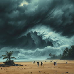 A terrifying scene depicting a massive tsunami towering above the shoreline, with dark ominous clouds swirling overhead and lightning illuminating the scene