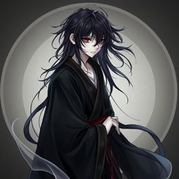 A detailed depiction of a male Yūrei, a traditional Japanese ghostly figure, portrayed in flowing black clothes that resemble a kimono