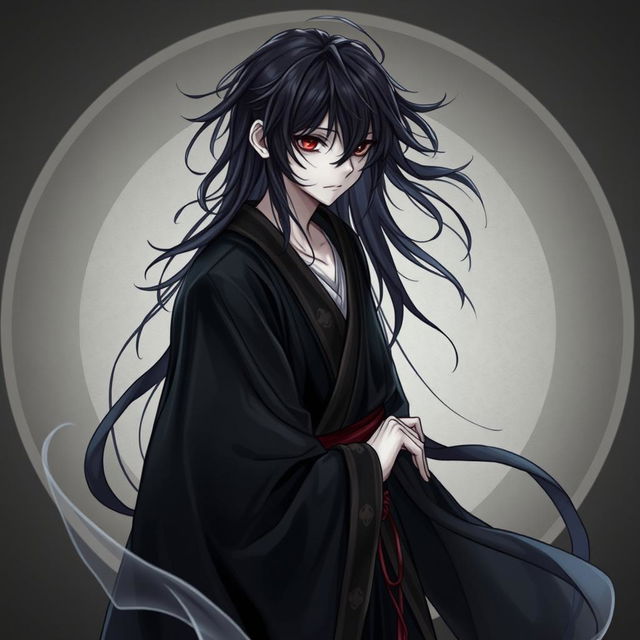 A detailed depiction of a male Yūrei, a traditional Japanese ghostly figure, portrayed in flowing black clothes that resemble a kimono