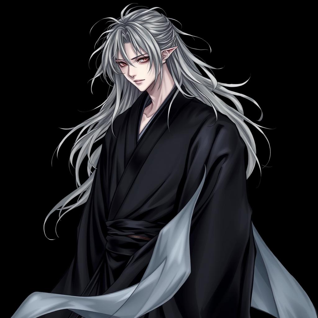 A detailed depiction of a male Yūrei, a traditional Japanese ghostly figure, portrayed in flowing black clothes that resemble a kimono