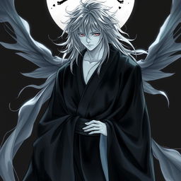 A detailed depiction of a male Yūrei, a traditional Japanese ghostly figure, portrayed in flowing black clothes that resemble a kimono