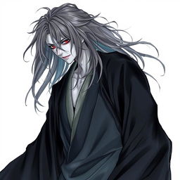 A detailed depiction of a male Yūrei, a traditional Japanese ghostly figure, portrayed in flowing black clothes that resemble a kimono