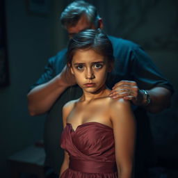 A poignant scene featuring an 18-year-old girl with expressive, clear, beautiful eyes and a perfect face, dressed in a sexy gown