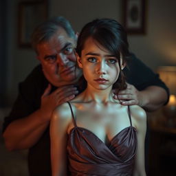 A poignant scene featuring an 18-year-old girl with expressive, clear, beautiful eyes and a perfect face, dressed in a sexy gown