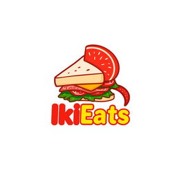 A modern logo design for 'IkiEats', featuring a stylized sandwich with layers of delicious ingredients, alongside a vibrant red rice tamagoyaki (Japanese omelette) sliced in an appealing way