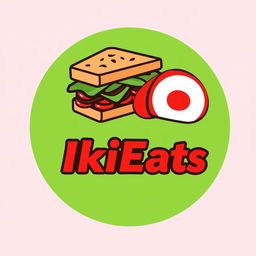 A modern logo design for 'IkiEats', featuring a stylized sandwich with layers of delicious ingredients, alongside a vibrant red rice tamagoyaki (Japanese omelette) sliced in an appealing way