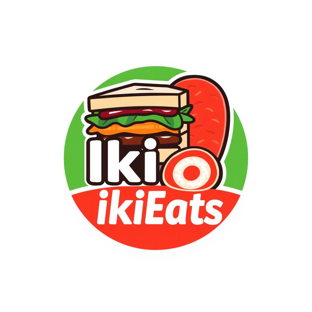 A modern logo design for 'IkiEats', featuring a stylized sandwich with layers of delicious ingredients, alongside a vibrant red rice tamagoyaki (Japanese omelette) sliced in an appealing way