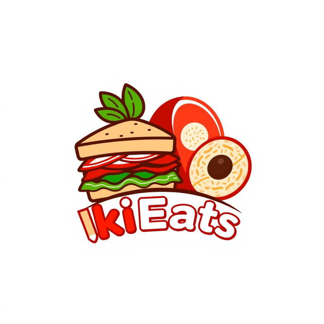 A modern logo design for 'IkiEats', featuring a stylized sandwich with layers of delicious ingredients, alongside a vibrant red rice tamagoyaki (Japanese omelette) sliced in an appealing way