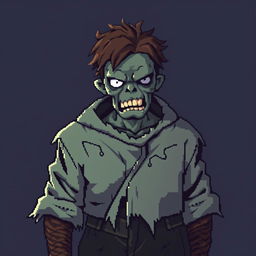 A pixel art depiction of a zombie wearing rigid, tattered clothing