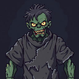 A pixel art depiction of a zombie wearing rigid, tattered clothing