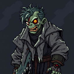 A pixel art depiction of a zombie wearing rigid, tattered clothing