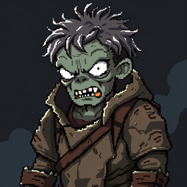 A pixel art depiction of a zombie wearing rigid, tattered clothing