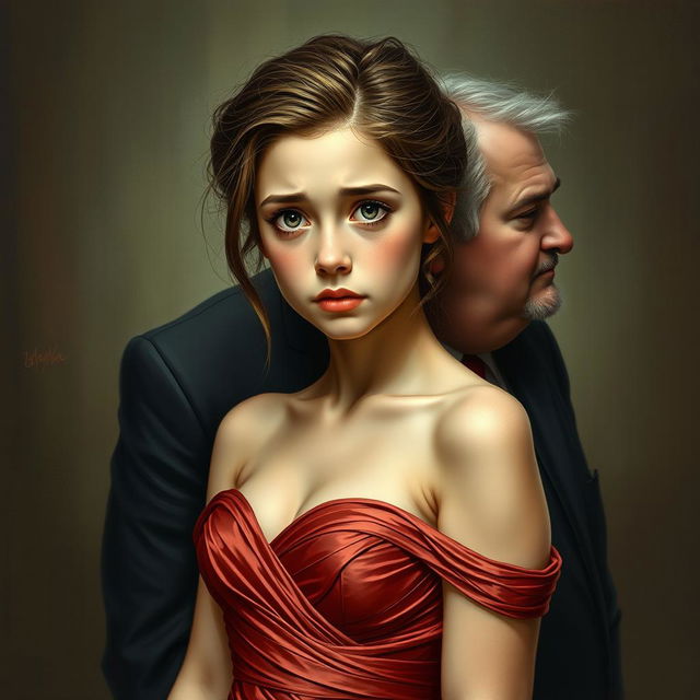 A masterpiece depicting an 18-year-old girl with expressive clear beautiful eyes, wearing a sexy gown that elegantly hugs her figure