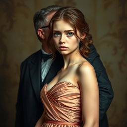 A masterpiece depicting an 18-year-old girl with expressive clear beautiful eyes, wearing a sexy gown that elegantly hugs her figure