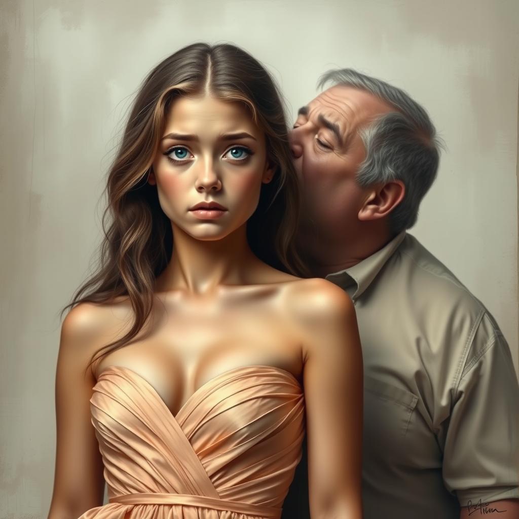 A masterpiece depicting an 18-year-old girl with expressive clear beautiful eyes, wearing a sexy gown that elegantly hugs her figure