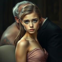 A masterpiece depicting an 18-year-old girl with expressive clear beautiful eyes, wearing a sexy gown that elegantly hugs her figure