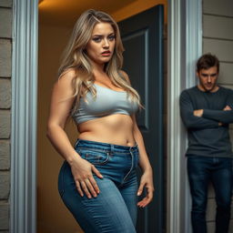 A very emotional scene outside an apartment door, featuring a beautiful, curvy woman with long blond hair and blue eyes