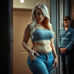 A very emotional scene outside an apartment door, featuring a beautiful, curvy woman with long blond hair and blue eyes