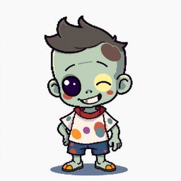 A cute zombie boy with smooth skin, wearing rigid clothing, depicted in a minimalistic 32 x 32 pixel style