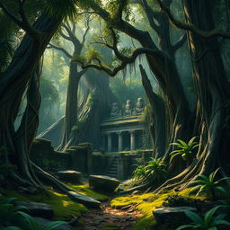 A realistic depiction of an old, abandoned jungle, showcasing dense, tangled foliage with towering trees covered in vines