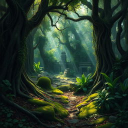 A realistic depiction of an old, abandoned jungle, showcasing dense, tangled foliage with towering trees covered in vines