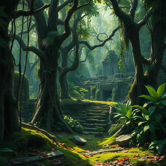 A realistic depiction of an old, abandoned jungle, showcasing dense, tangled foliage with towering trees covered in vines