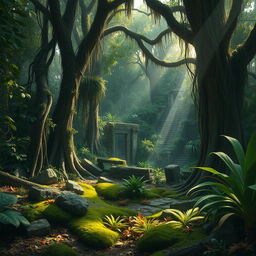 A realistic depiction of an old, abandoned jungle, showcasing dense, tangled foliage with towering trees covered in vines