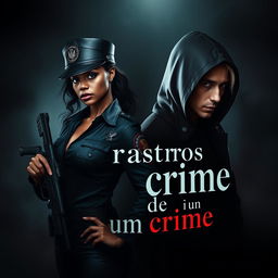 A book cover designed for a novel titled "Rastros de um crime"