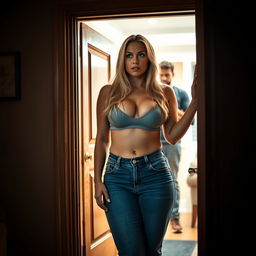A poignant scene as a beautiful, curvy woman opens her apartment door to find her upset boyfriend waiting outside