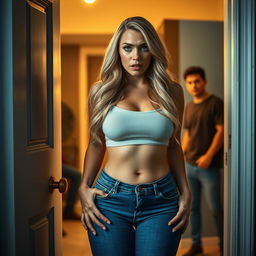 A poignant scene as a beautiful, curvy woman opens her apartment door to find her upset boyfriend waiting outside