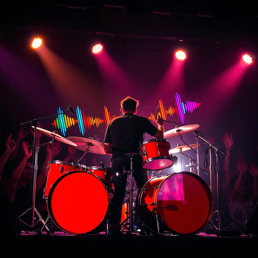 A dynamic and vibrant image of a red drum set being played energetically on stage, with bright stage lights illuminating the scene