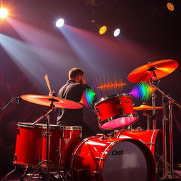 A dynamic and vibrant image of a red drum set being played energetically on stage, with bright stage lights illuminating the scene