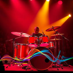 A dynamic and vibrant image of a red drum set being played energetically on stage, with bright stage lights illuminating the scene